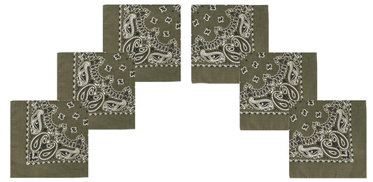 6 PACK Dark Green Paisley Bandanas 22" Olive Drab Trainmen Cotton Biker Headwrap