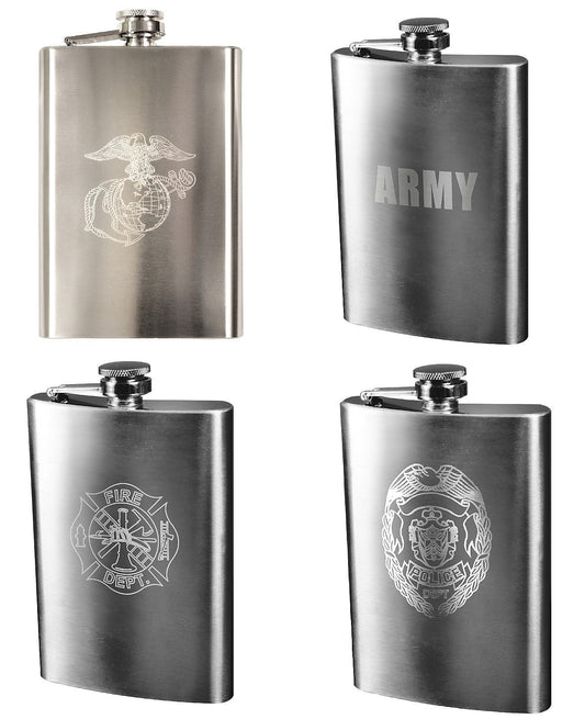 Engraved Stainless Steel Flasks - Marines Corps, Army, Fire Dept,Police- 8oz